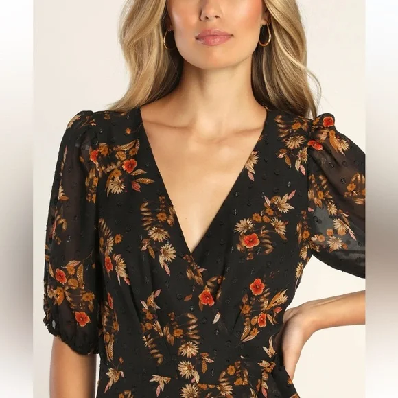 NEW Lulus Black Floral Wrap Dress S Autumnal Coquette Feminine Flirty Romantic - Picture 10 of 15